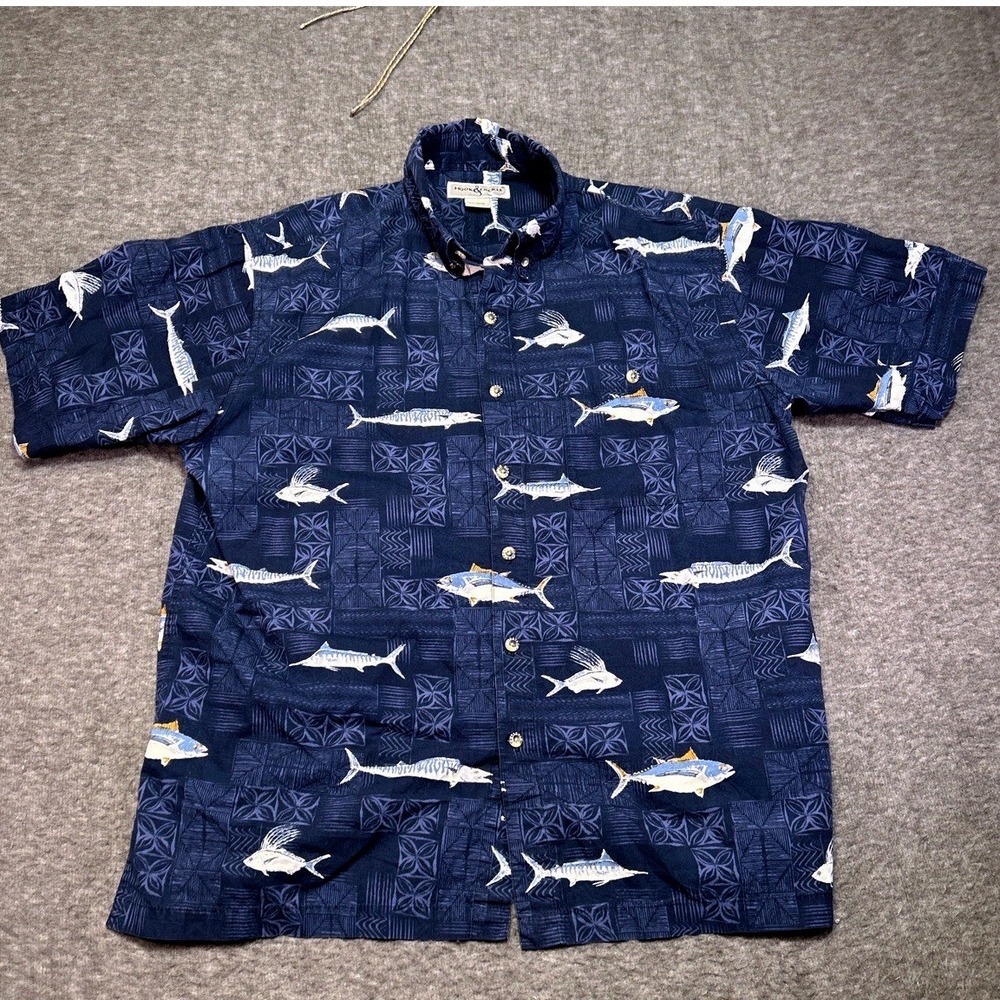 Hook And Tackle Mens Large Shirt Blue‎ Tropical Relaxed Vacation Beach Fishing